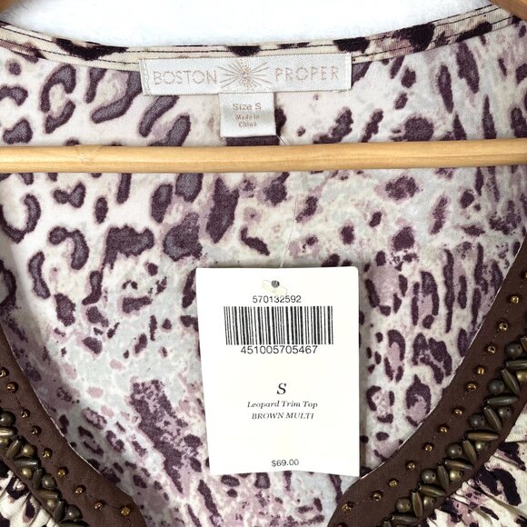 Boston Proper Shirt Womens S Brown Leopard Beaded Trim Long Sleeve Blouse NEW - Picture 2 of 9